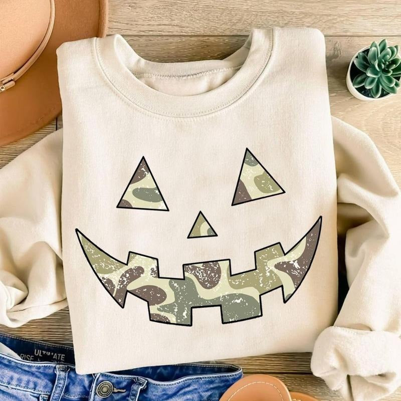 Camo Jack O Lantern Pumpkin Face Halloween Sweatshirt, Pumpkin Face Camouflage Pumpkin Shirt, Camo Lovers Tee, Halloween...
