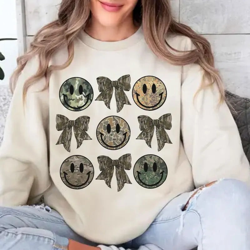 Camo Smile Face Bow Sweatshirt, Hunting Shirt, Coquette Bow Camoflauge, Camo Bow Smiley Faces Unisex Tee Hoodie