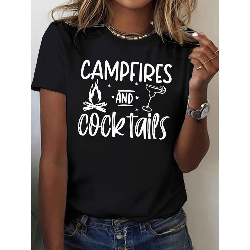 [Campfires T-Shirt] Graphic Women's Campfires and Cocktails T-Shirt | Black, Casual, Short Sleeve, Round Neck, Geometric...