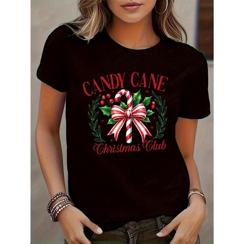 Candy Cane Christmas Club T-Shirt  Candy Cane And Holly Print With Red Bow Design For Holiday Season, Christmas Party,...