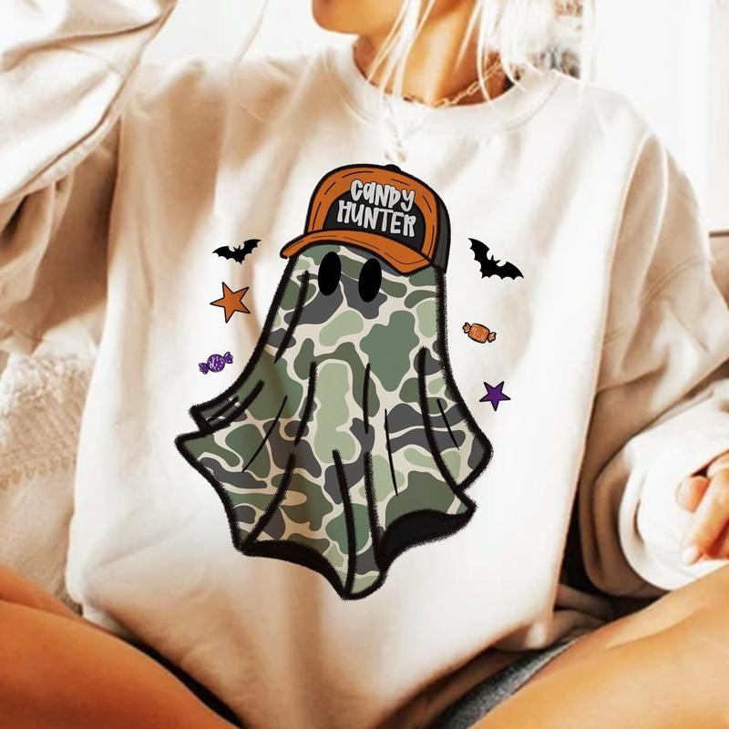 Candy Hunter Camo Ghost Halloween Unisex Sweater, Funny Halloween Camo Boo Ghost Shirt, Graphic Tee for Men and Women...