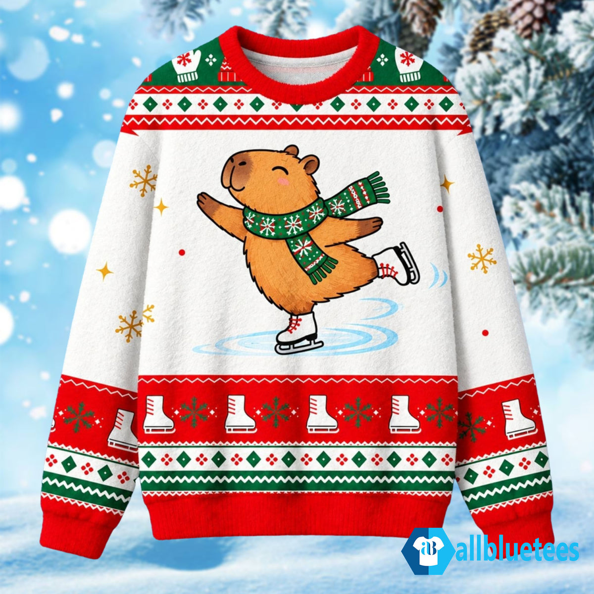 Capybara Ice Skating Ugly Christmas Sweater