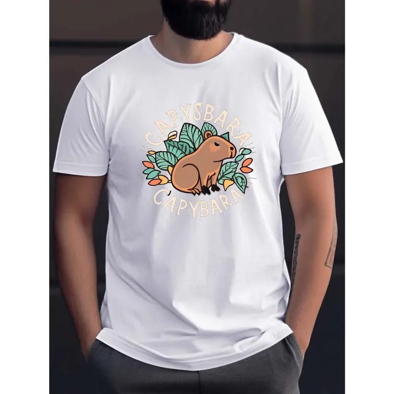 Capybara Print Tees For Men, Casual Crew Neck Short Sleeve T-Shirt, Comfortable Breathable T-shirt For Summer Made in USA...