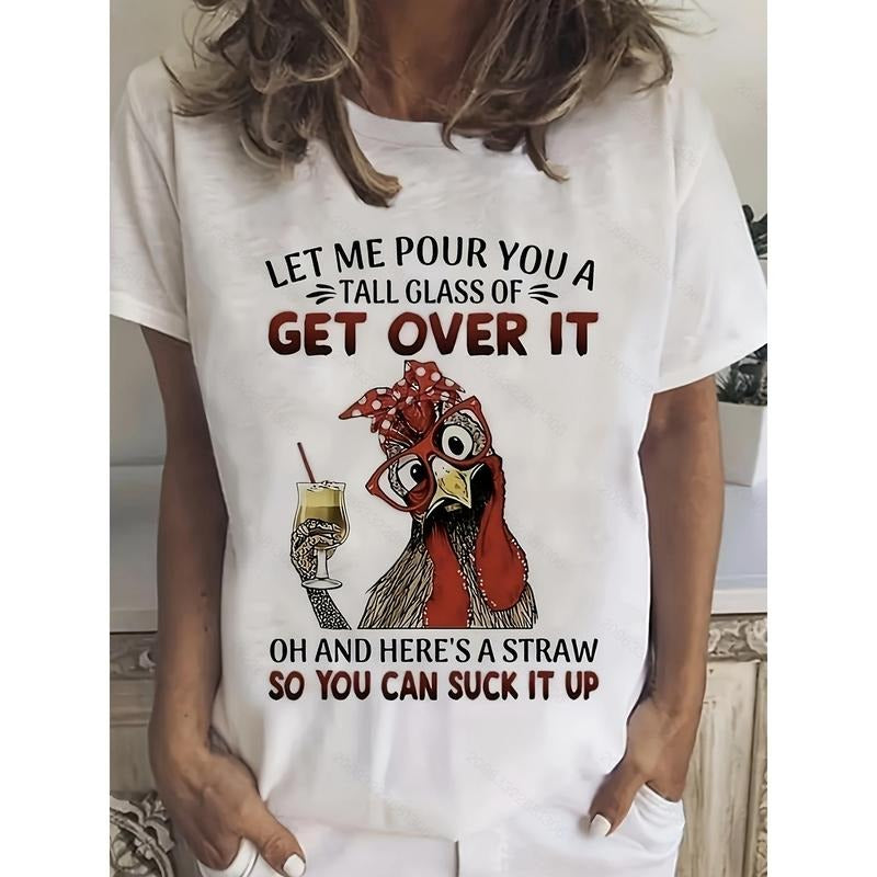 Cartoon Chicken Print Crew Neck T-shirt, Casual Short Sleeve Top For Spring & Summer, Women's Clothing Hoodie, Sweatshirt
