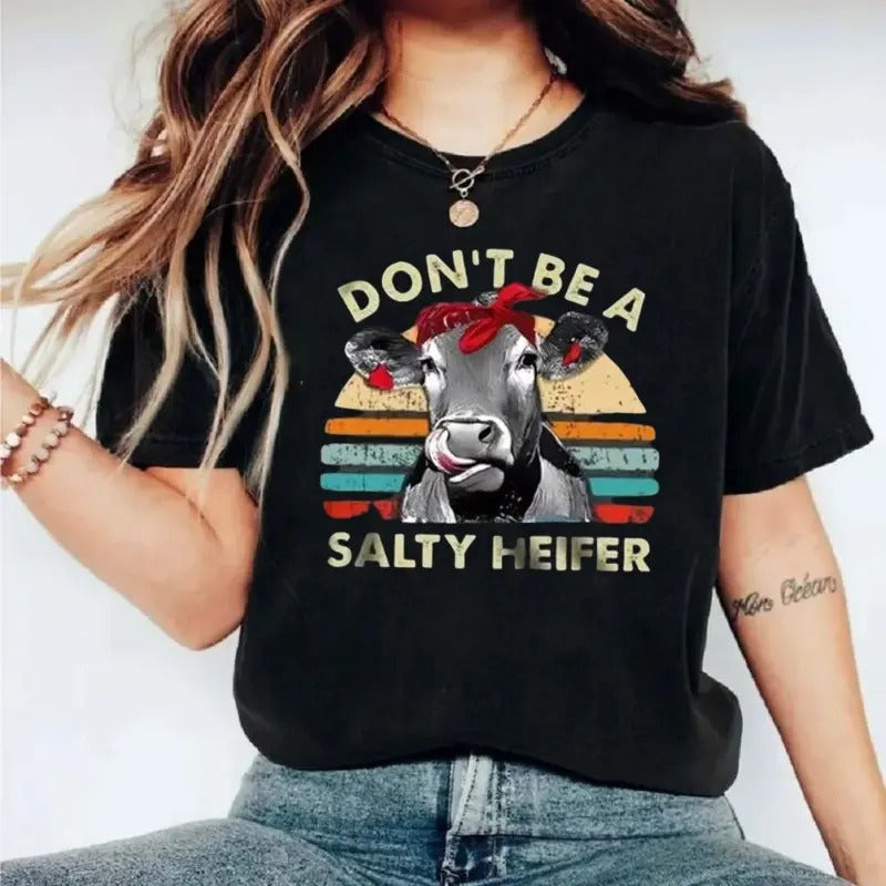 Cartoon Cow & Letter Print Tee, Casual Short Sleeve Round Neck T Shirt, T Shirts For Women, Unisex Short Sleeve Tee...