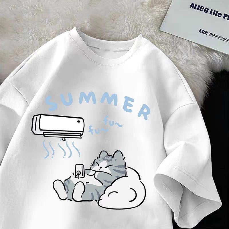 Cartoon Cute Cat Graphic Tees Women's Casual Crew Shoulder Short Sleeve T-shirt Summer Loose Hoodie, Sweatshirt
