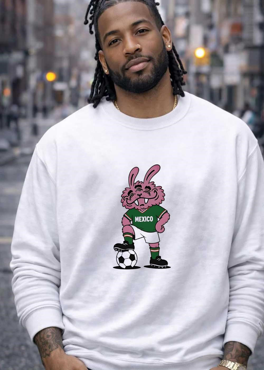 Cartoon Mascot Pink Bunny Standing with Soccer Ball Mexico T-Shirt