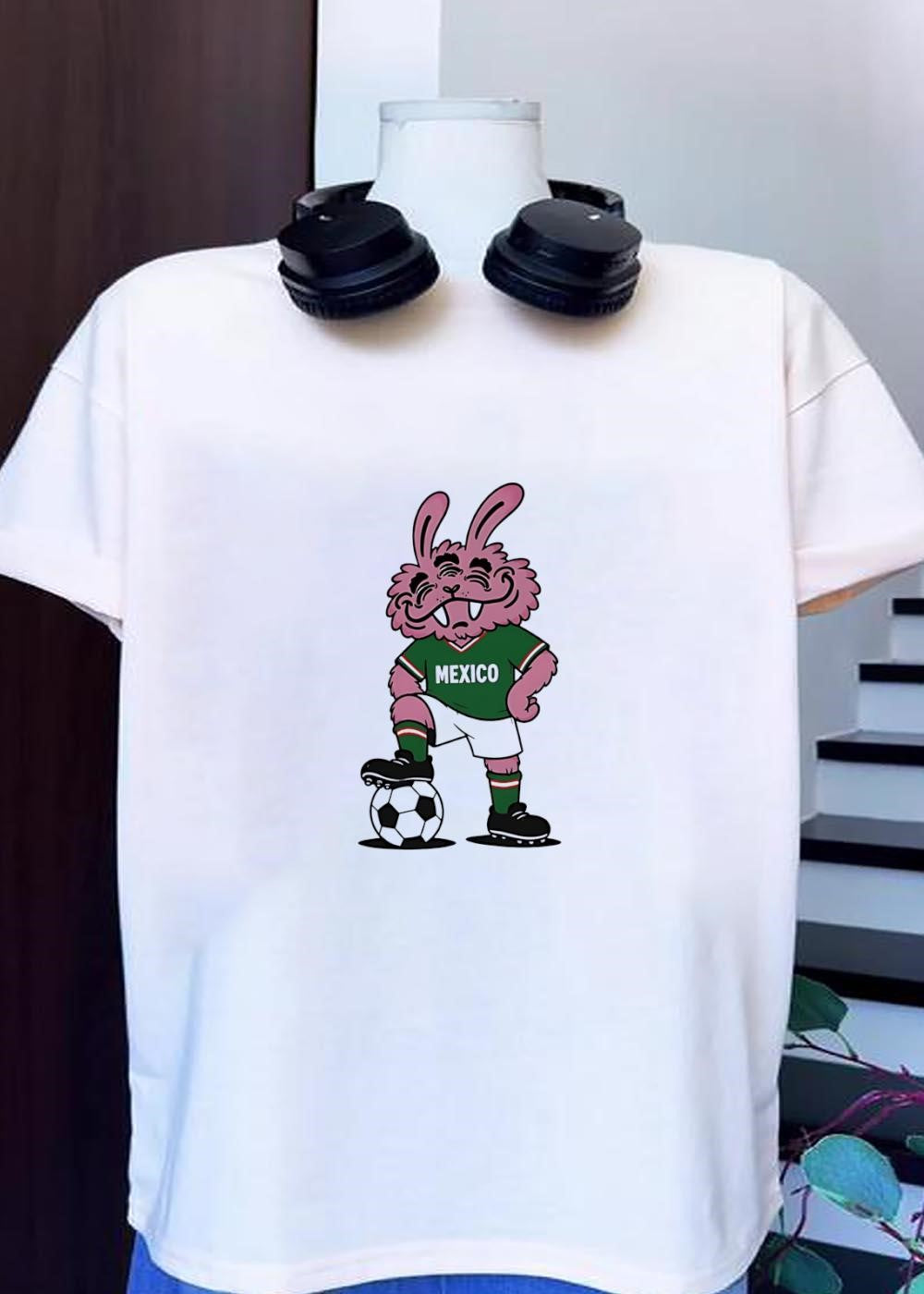Cartoon Mascot Pink Bunny Standing with Soccer Ball Mexico T-Shirt