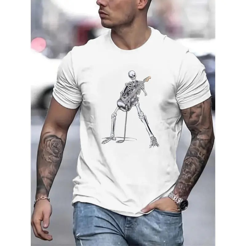 Cartoon Skeleton Playing The Guitar Graphic Print, Men's Novel Graphic Design T-shirt, Casual Comfy Tees For Summer,...