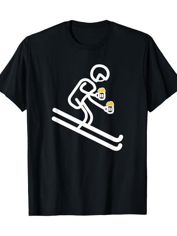 [Casual Comfort] Men's Black Cotton T-Shirt with Fun Skiing Beer Graphic