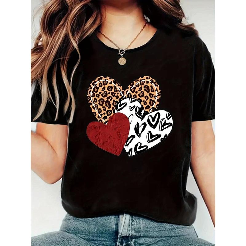 Casual Heart Print T-Shirt - Cute Leopard & Polka Dot Design, Short Sleeve Round Neck Tee for Women & Men - Soft &...