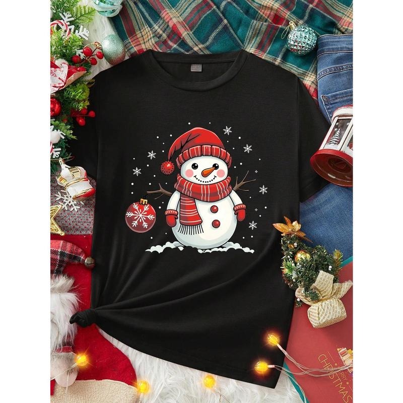 Casual Loose Christmas Snowman Graphic Round Neck Short Sleeve T-Shirt For Women, Suitable For Summer, Contains 34%...