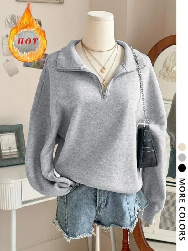 Casual Oversized Half Zip Collared Sweatshirt for Women - Gray Heather Pullover, Available in Multiple Colors T-Shirts,...
