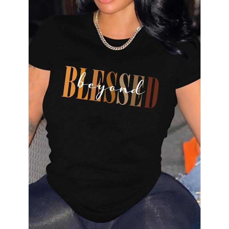 Casual Short Sleeve Blessed Letter Print Crew Neck T-shirt