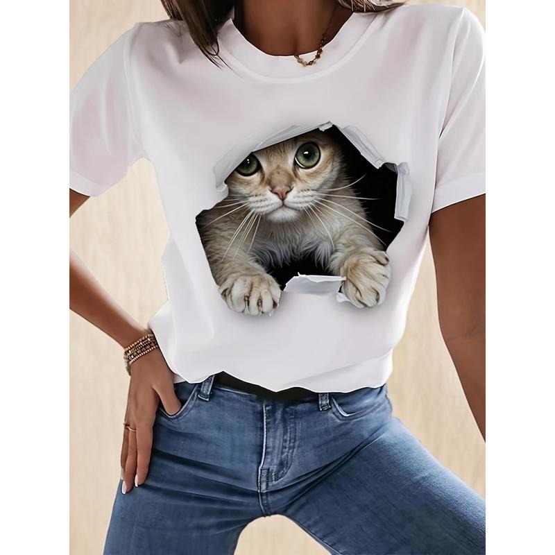 Casual Short Sleeve Cat Print Crew Neck - Women's Spring & Summer T-Shirt Hoodie, Sweatshirt | UrbanDripWear.com