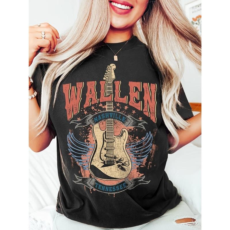 Casual Short Sleeve Guitar Print Crew Neck T-Shirt for Spring & Summer, Women's Clothing Hoodie, Sweatshirt