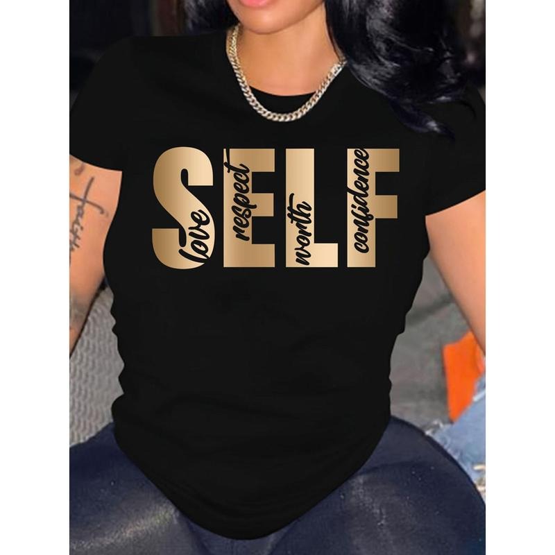 Casual Short Sleeve Letter Print Crew Neck T-Shirt for Spring & Summer, Women's Clothing style 02 Hoodie, Sweatshirt