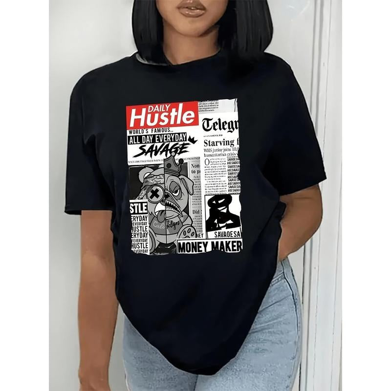 Casual Short Sleeve Newspaper Print Crew Neck - Women's Spring & Summer T-Shirt Hoodie, Sweatshirt | UrbanDripWear.com