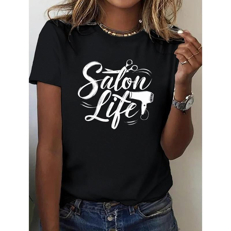 Casual T - Shirt Featuring Artistic  Salon Life Lettering Integrated with Scissors and Hairdryer Motifs Hoodie,...