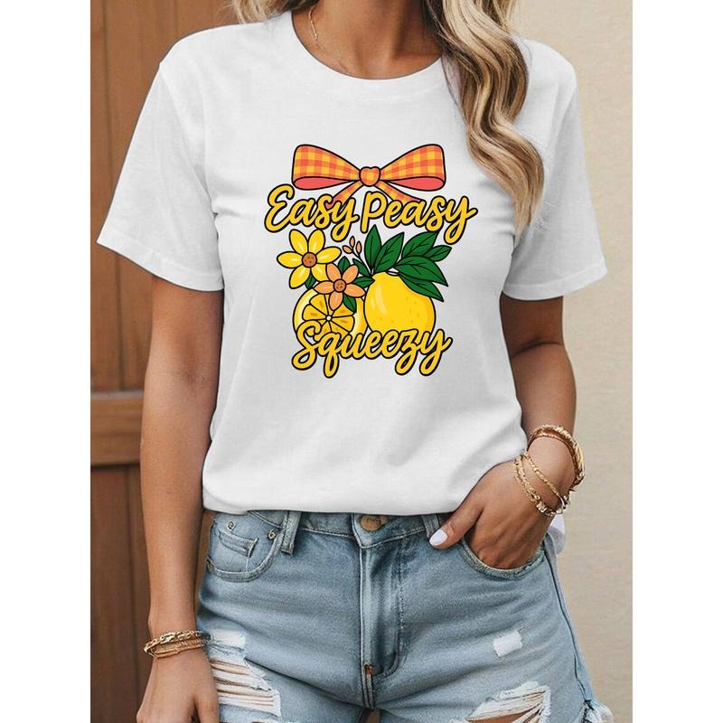 Casual T - Shirt with "Easy Peasy Squeezy" Slogan and Citrus - Floral Design for a Laid