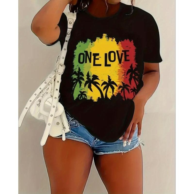 Casual T - Shirt with Tropical Vibe: "ONE LOVE" Motif and Palm Tree Silhouettes for a Relaxed Look style 02 Hoodie,...