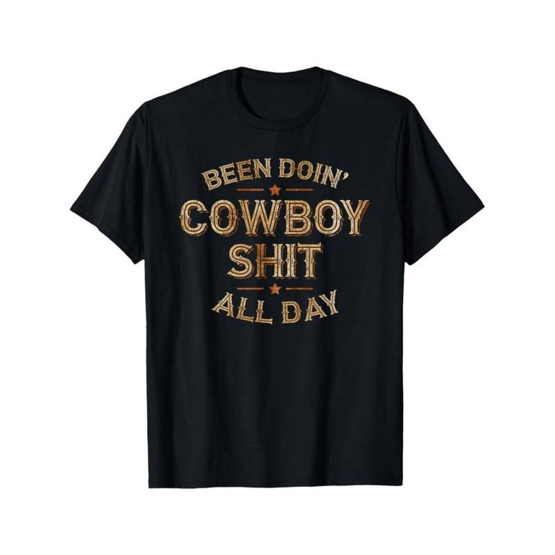Casual T-shirt [Black Cotton Tee Distressed Cowboy] Cowboy Shit Graphic T-Shirt