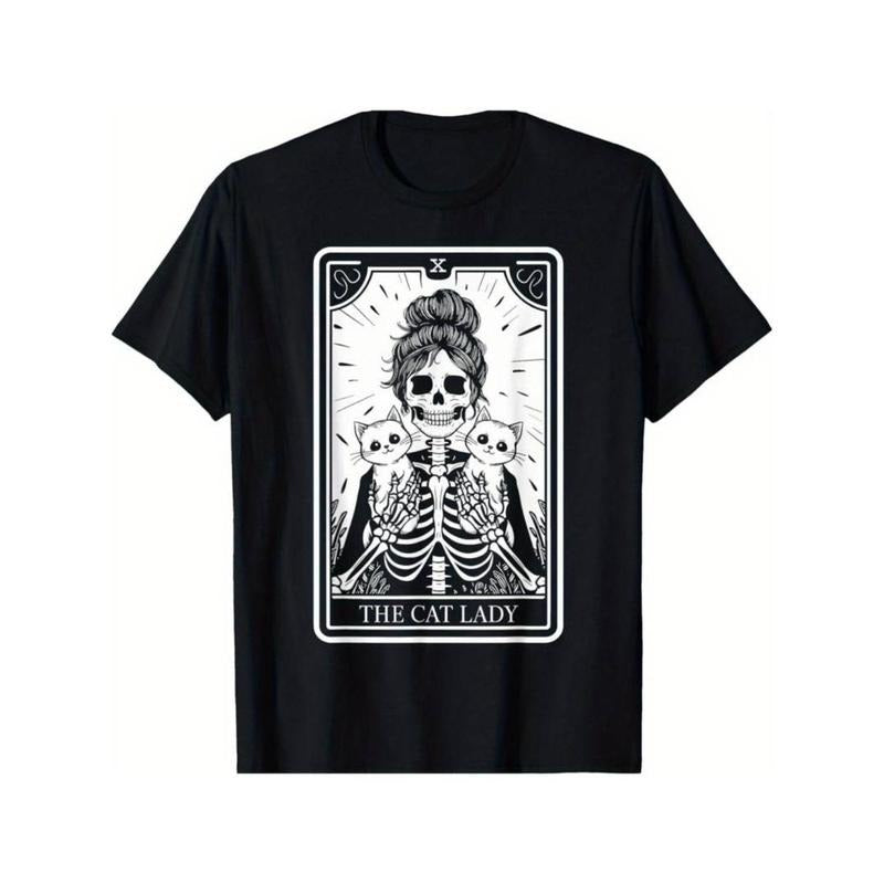 Casual T-shirt [Fast Arrival] Cat Lady Tarot Card Skeleton Kitten Lover Cat Lover T-Shirt for Men Women Top Womenswear...