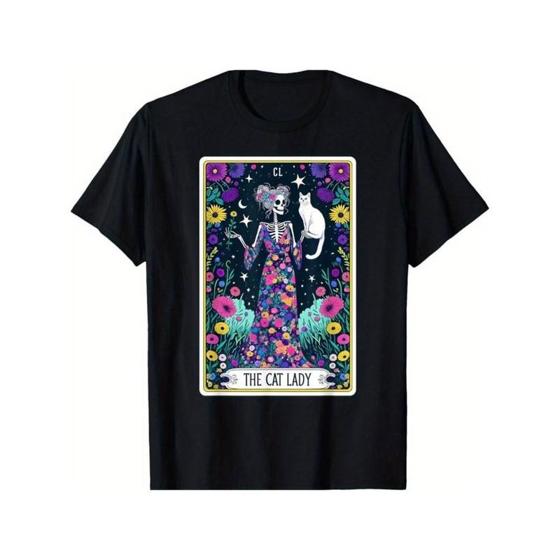 Casual T-shirt [Fast Arrival] Skeleton Cat Lady Tarot Card Animal White Cat Mom T-Shirt for Men Women Top Womenswear...
