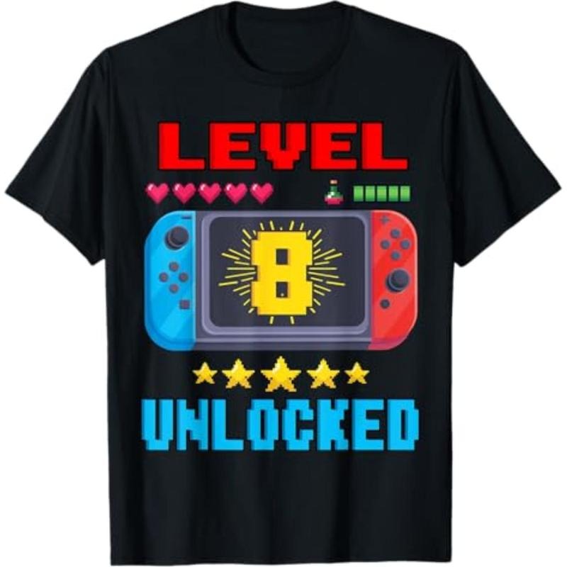 Casual T-shirt 8th Birthday Boy Level 8 Unlocked Video Gamer Birthday T-Shirt Menswear Top Hoodie, Sweatshirt