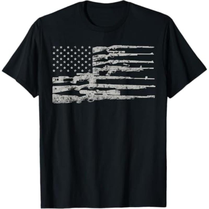 Casual T-shirt Big American Flag With Machine Guns T-Shirt 2A Flag Shirt T-Shirt Graphic Menswear Hoodie, Sweatshirt