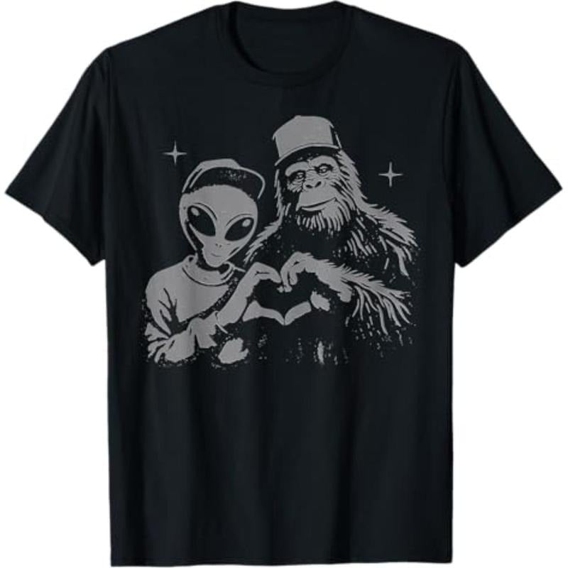 Casual T-shirt Bigfoot & Alien Sasquatch Love Hand Sign T-Shirt Graphic Graphic Tees Hoodie, Sweatshirt | UrbanDripWear.com