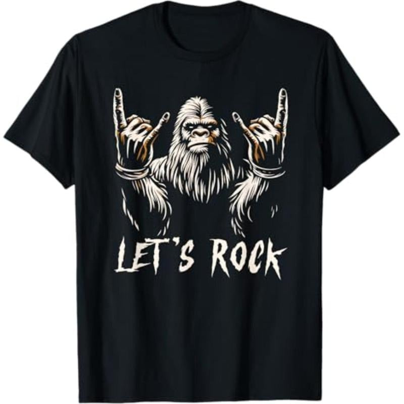 Casual T-shirt Bigfoot Rock On Funny Sasquatch Rock and Roll Let's Rock T-Shirt Graphic Graphic Tees Hoodie, Sweatshirt