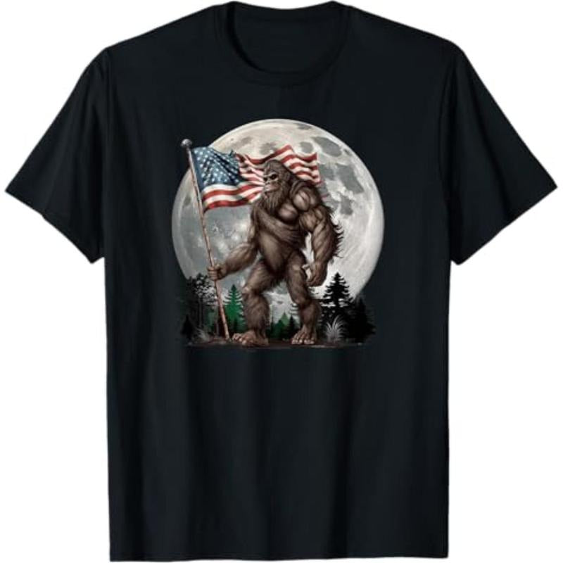 Casual T-shirt Bigfoot Sasquatch - American Flag Full Moon Patriotic T-Shirt Graphic Graphic Tees Hoodie, Sweatshirt