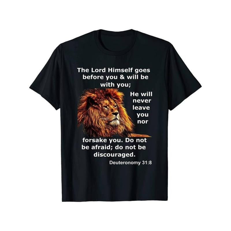 Casual T-shirt Christian Lion Bible Deuteronomy 31.8 Scripture Verse T-Shirt Funny Men's Short Sleeve Graphic T-shirt...