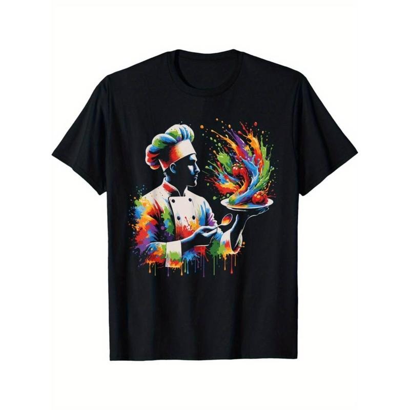 Casual T-shirt Colorful Chef Design with Splash Art, Kitchen Cooking Lovers T-Shirt Menswear Top Hoodie, Sweatshirt