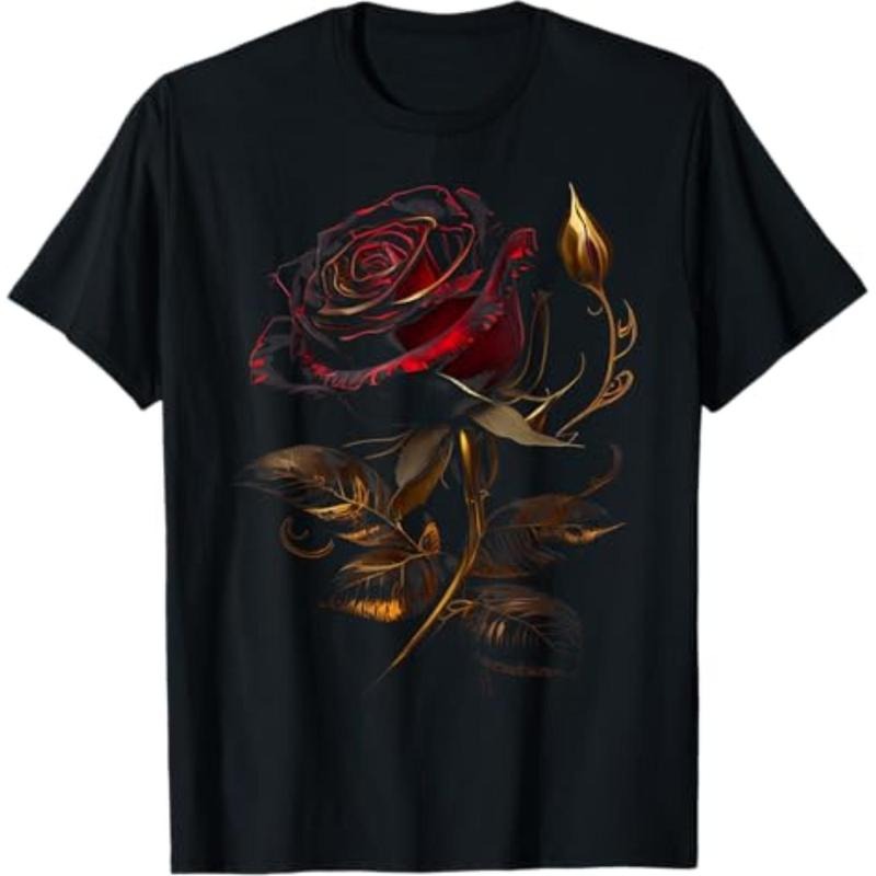 Casual T-shirt Deep Red Rose Black And Gold Graphic Tees for Men Women T-Shirt Top Streetwear Hoodie, Sweatshirt