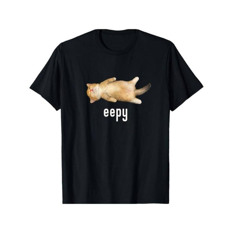 Casual T-shirt Eepy Cat Print T-shirt Cotton Casual Summer Tee, Trendy Tops Crew Neck Tee, Comfort Street Style Tee,...