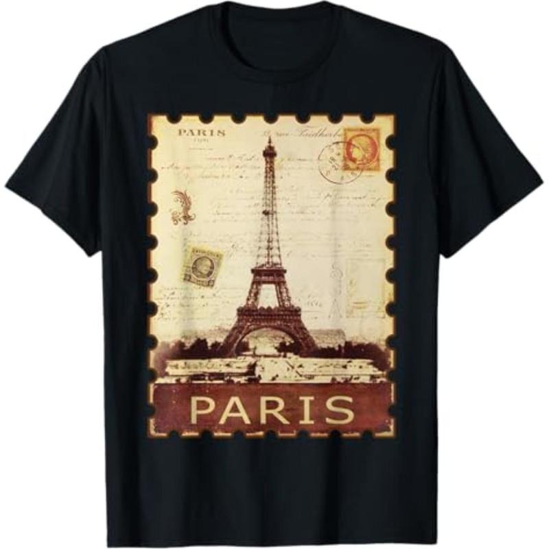 Casual T-shirt Eiffel Tower Stamp Vacation Vintage Paris France Souvenir T-Shirt Graphic Graphic Tees Hoodie, Sweatshirt