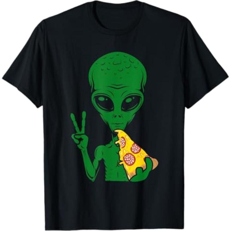 Casual T-shirt Funny Alien Head Eating Pizza UFO Extraterrestrial T-Shirt Graphic Graphic Tees Hoodie, Sweatshirt
