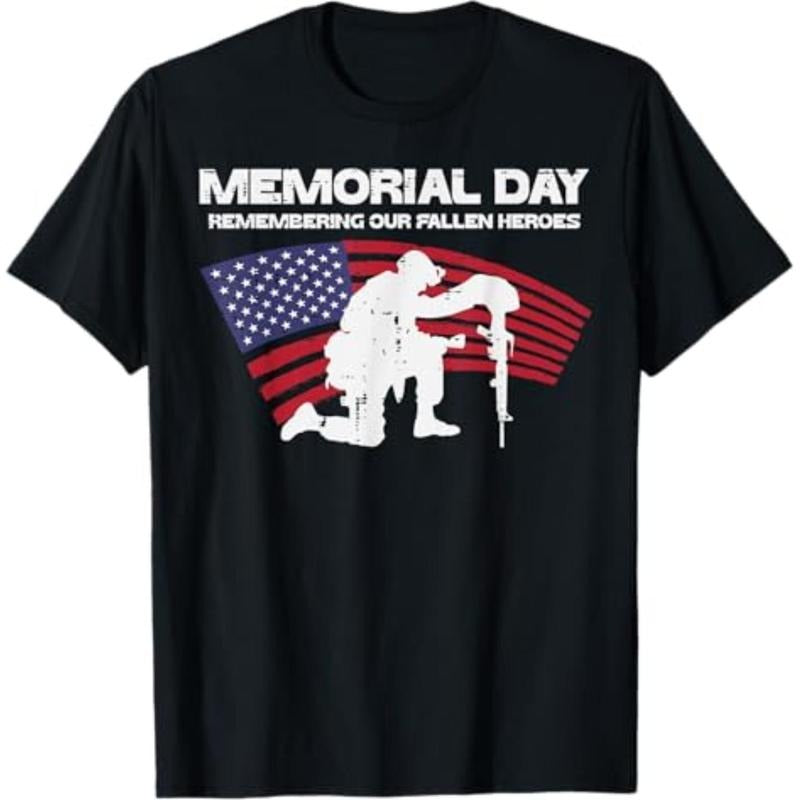 Casual T-shirt Memorial Day Remembering Our Fallen Heroes US Flag Patriotic T-Shirt Graphic Menswear Tees Top Hoodie,...