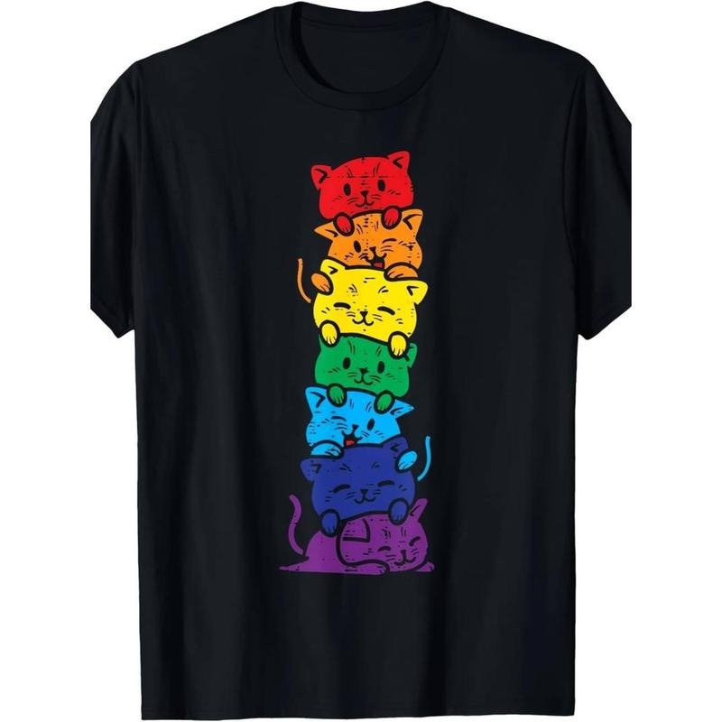 Casual T-shirt Men's Rainbow Cat Stack T-Shirt