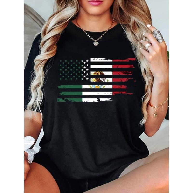 Casual T-shirt Mexican Striped Flag Print Crewneck T-Shirt, Spring & Summer Short-Sleeved T-Shirt, Sportswear Everyday...