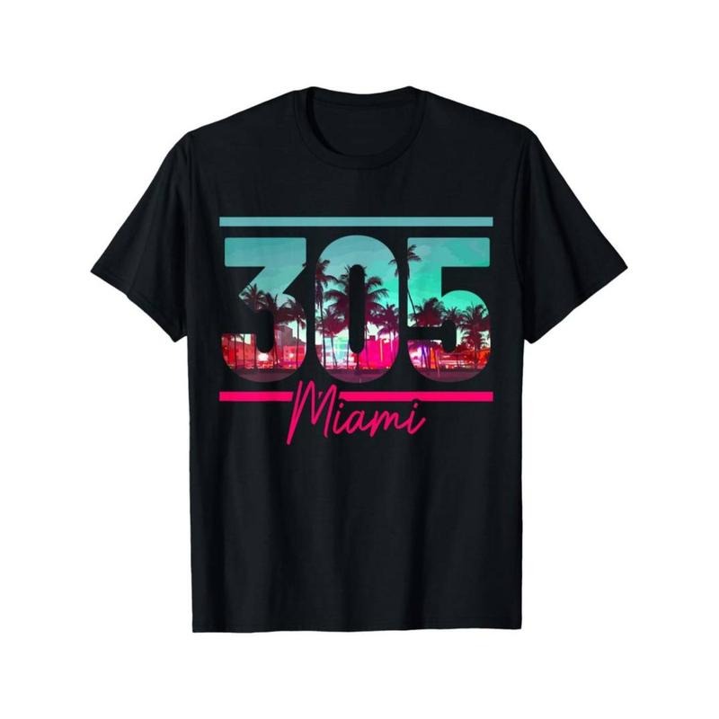 Casual T-shirt Miami 305 Area Code Florida Vintage Palm Trees Pride Retro T-Shirt Menswear Top Hoodie, Sweatshirt