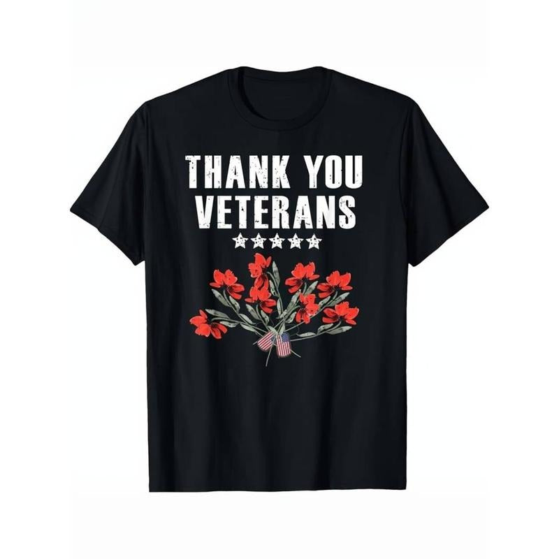 Casual T-shirt Military Family Thank You Veterans Poppy Flowers Patriotic T-Shirt, Unisex Tee-220g, Men'S Short Sleeve T...