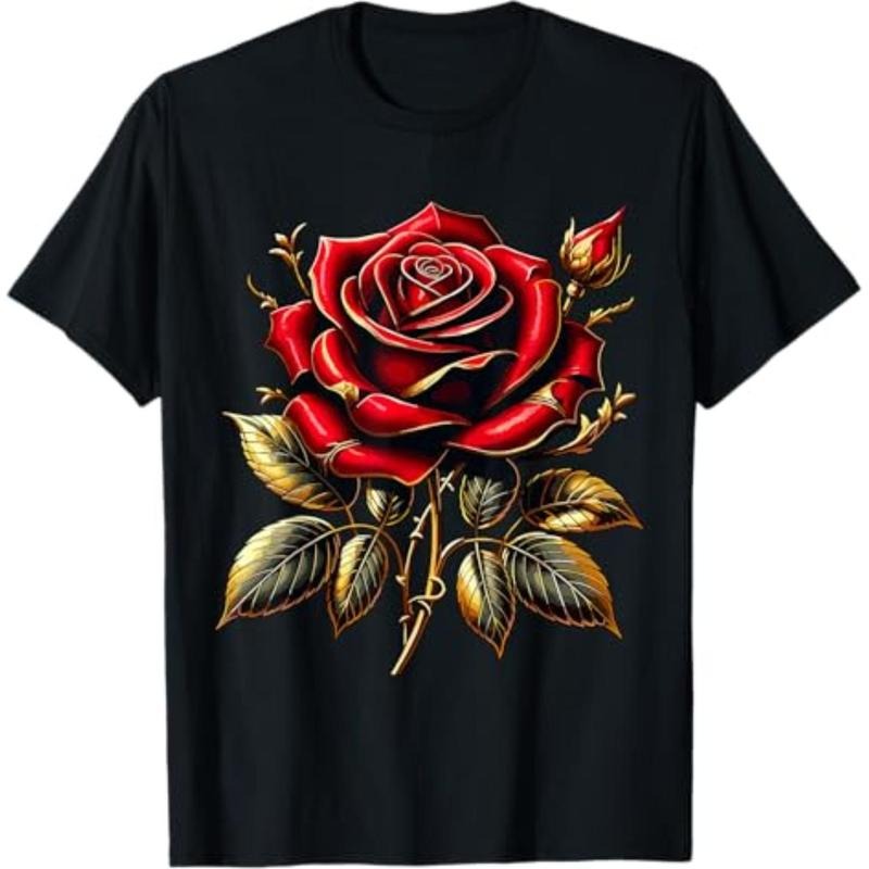 Casual T-shirt Red Rose Red and Gold T-Shirt Graphic Graphic Tees Hoodie, Sweatshirt | UrbanDripWear.com