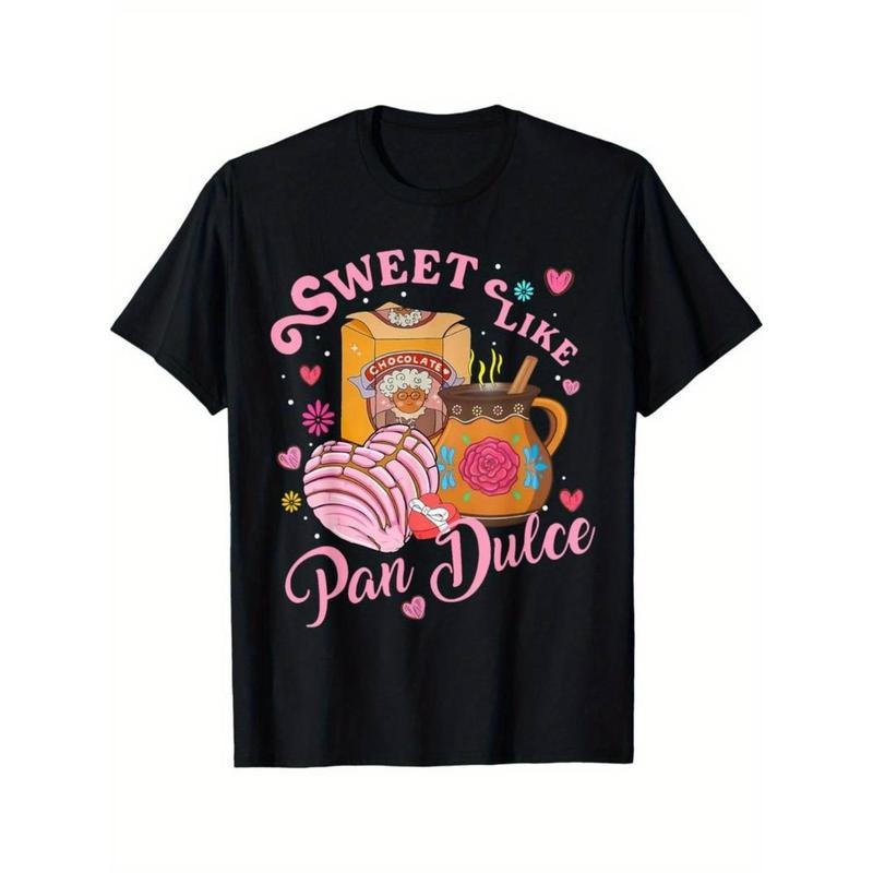 Casual T-shirt Sweet Like Pan Dulce" Men's T-Shirt - Black Cotton Tee with Mexican Bread & Floral Design, Casual Round...