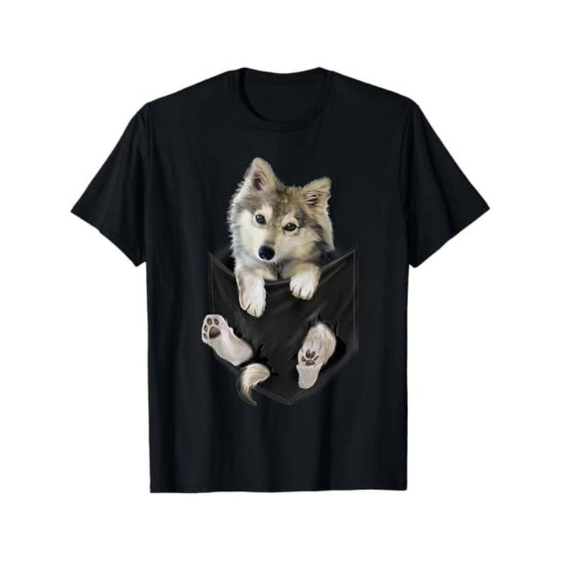 Casual T-shirt Unique Wolf Pup in Pocket Graphic Tee - 100% Cotton, Black | Casual All-Season Wear Comfy Menswear Hoodie,...