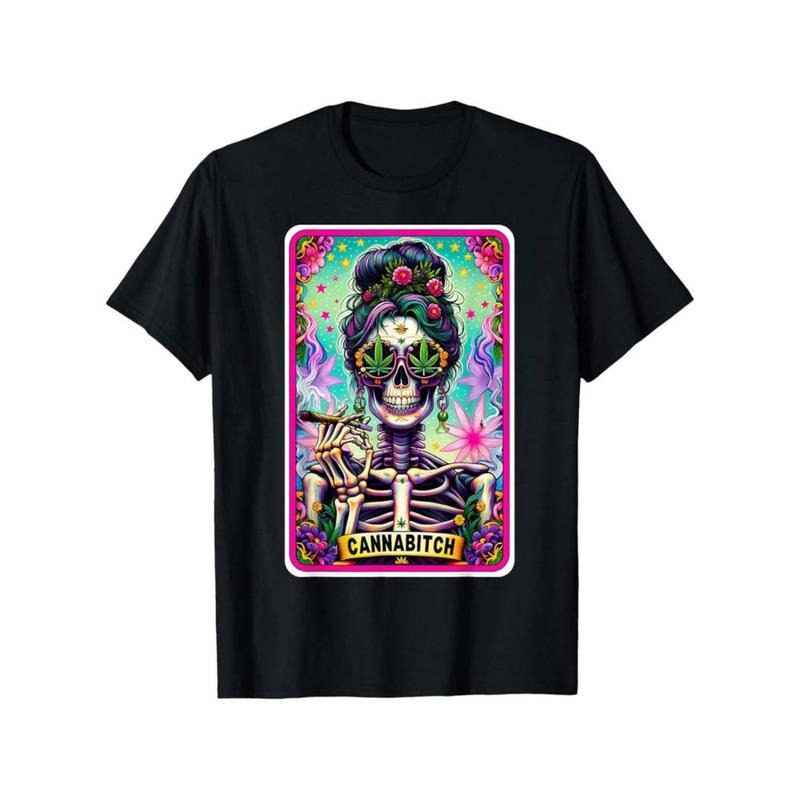 Casual T-shirt Unisex Cotton T-Shirt, Cannabitch Skeleton Tarot Card Print Menswear Top Hoodie, Sweatshirt