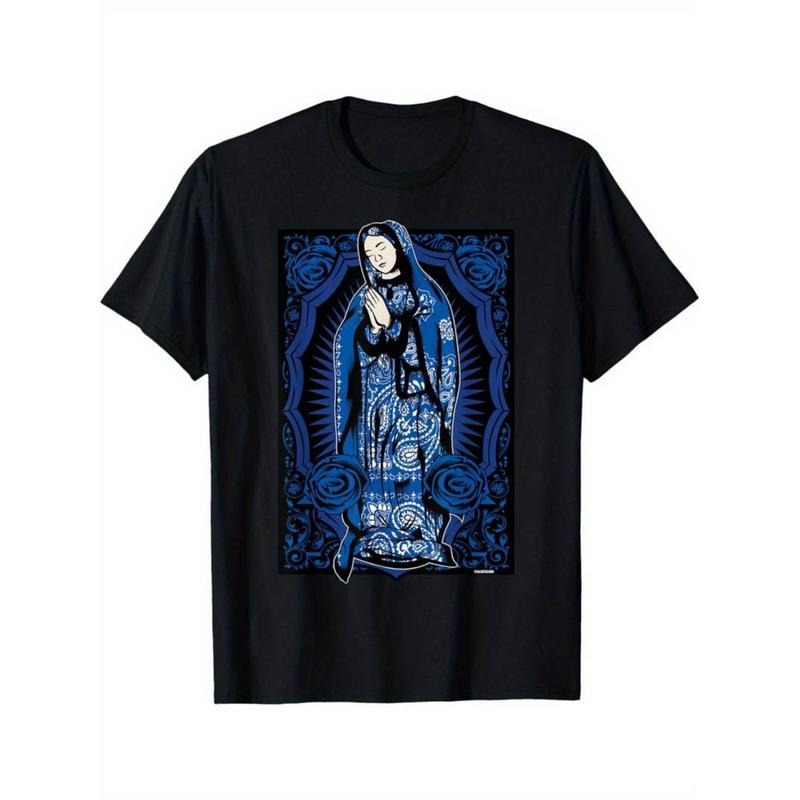 Casual T-shirt Virgin Mary Mexican Blanket Art Blue Bandana Print Chicano T-Shirt Comfy Menswear Hoodie, Sweatshirt