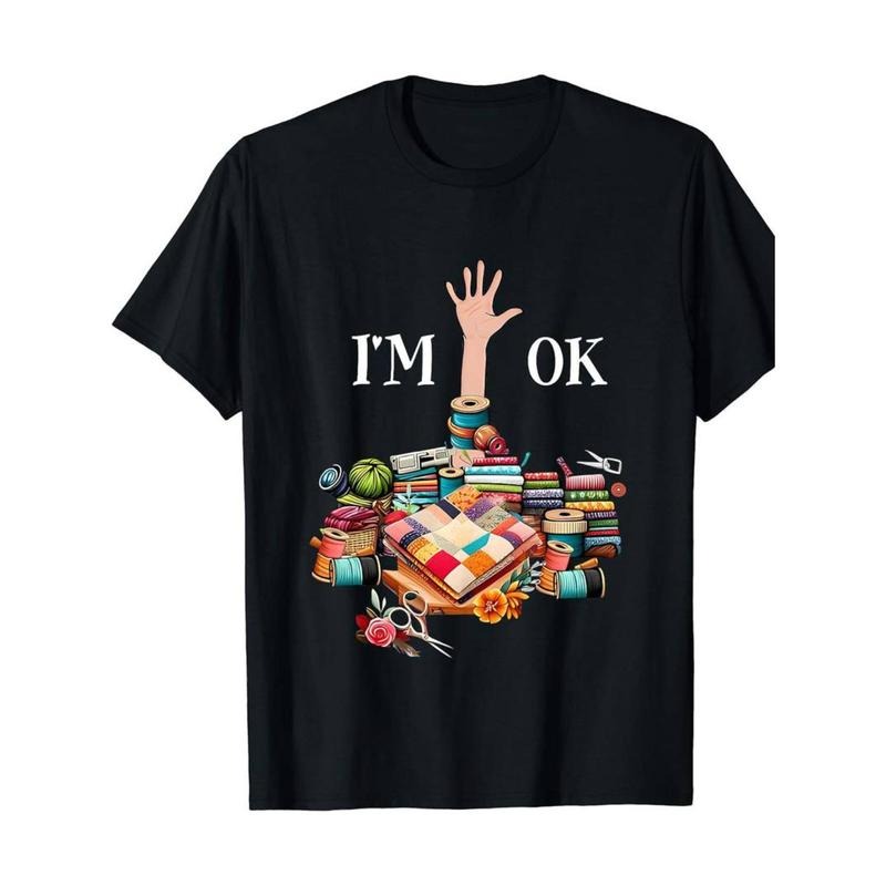 Casual T-shirt Women's Cotton T-Shirt with "I'm Ok" Sewing Quilting Print, Casual Crew Neck Short Sleeve Tee for Knitting...